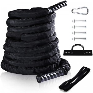 Battle Exercise Training Rope with Protective Cover – Steel Anchor & Strap Included